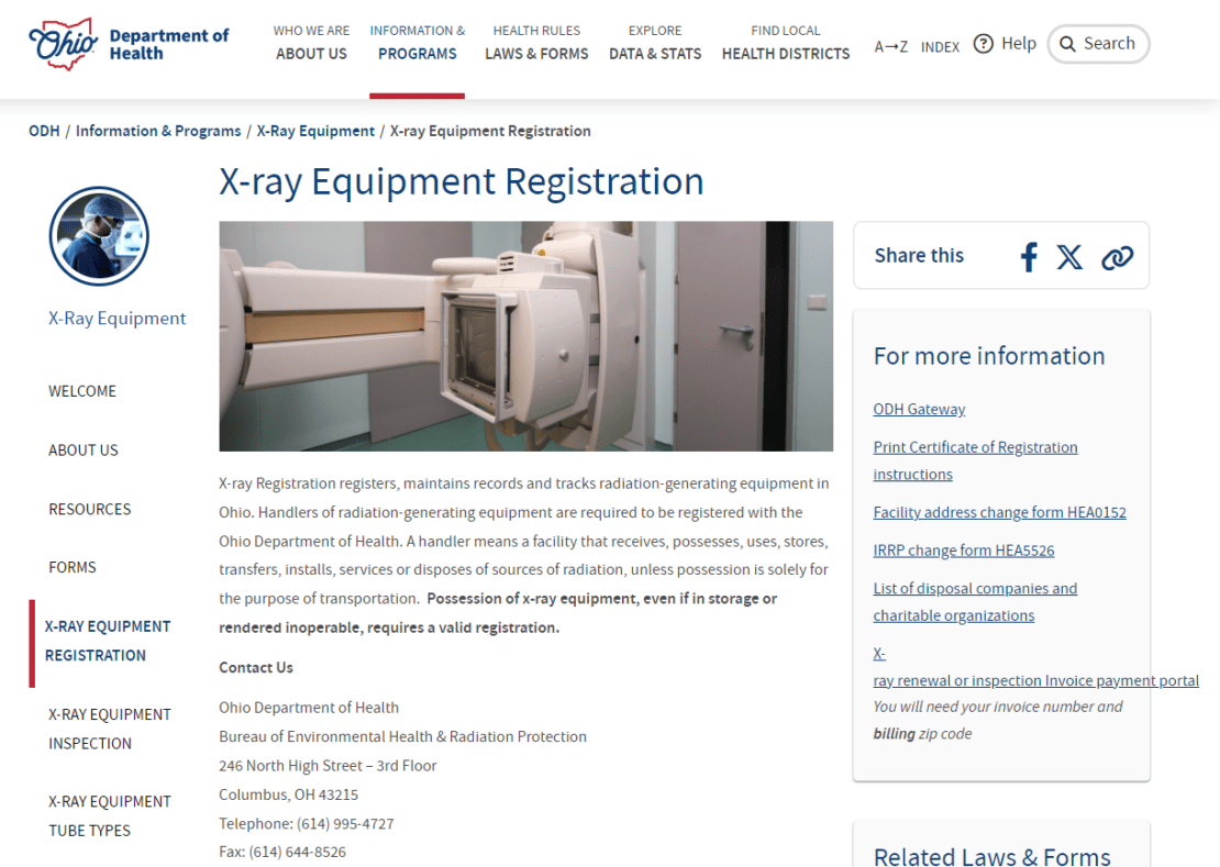 A screenshot from the Ohio Department of Health's website. The title of the website is "X-ray equipment registration." The web page features information on where to register equipment in Ohio