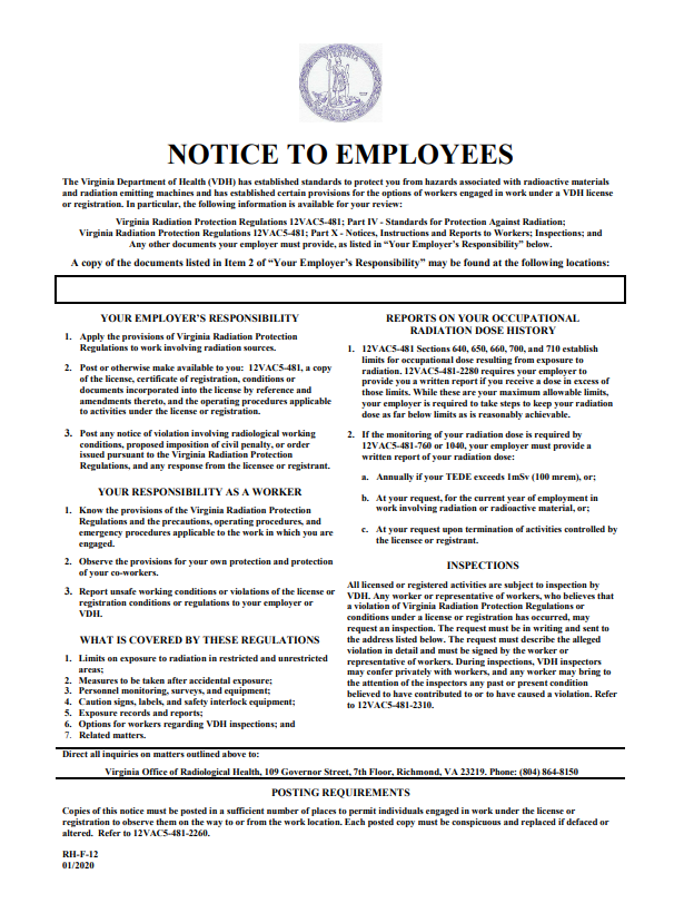 a Notice to Employees sign from the Virginia Department of Health