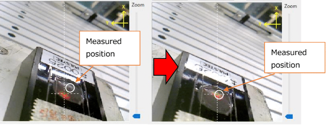 Two images. Each image has a circle outline around a specific location in the sample. This circle indicates where the sample is to be measured. The image also shows a crosshair, indicating where the laser needs to be aligned.